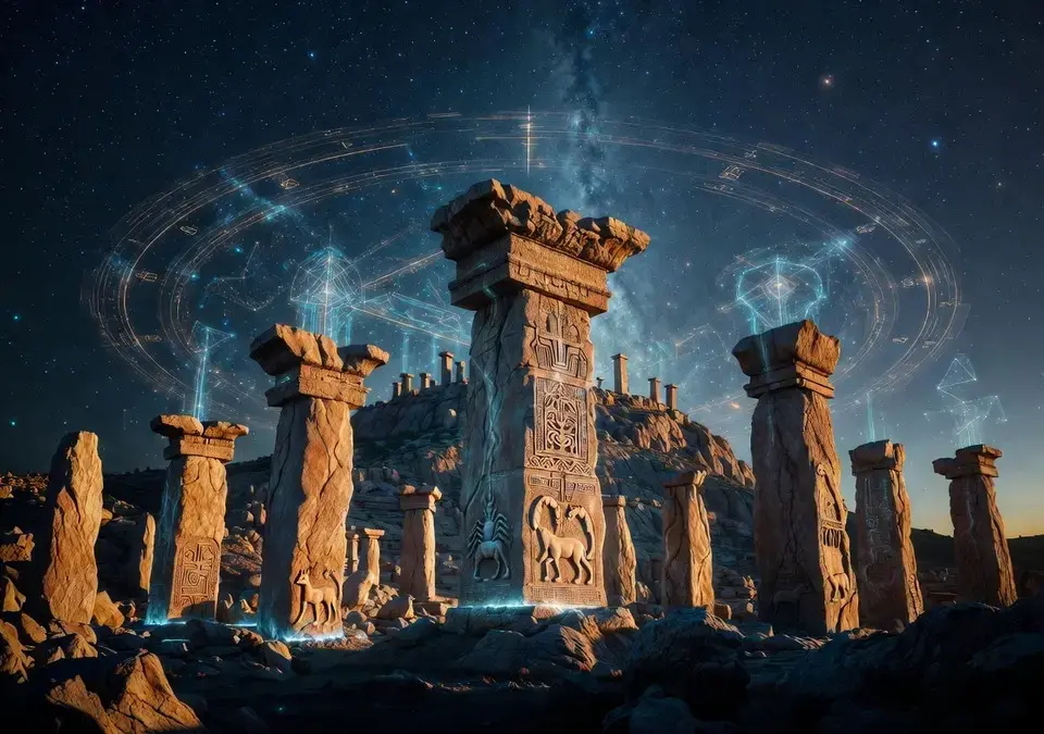 Ancient megalithic pillars of Göbekli Tepe glowing with cosmic energy lines and astronomical alignments, representing Persistence Theory's recovery boot sectors for surviving civilizational resets.