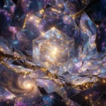 Cosmological Pangaea: Zero-entropy 24-cell geometric object gently fracturing through geometry and entropy into swirling galaxies and cosmic structures, symbolizing the universe as an act of remembering