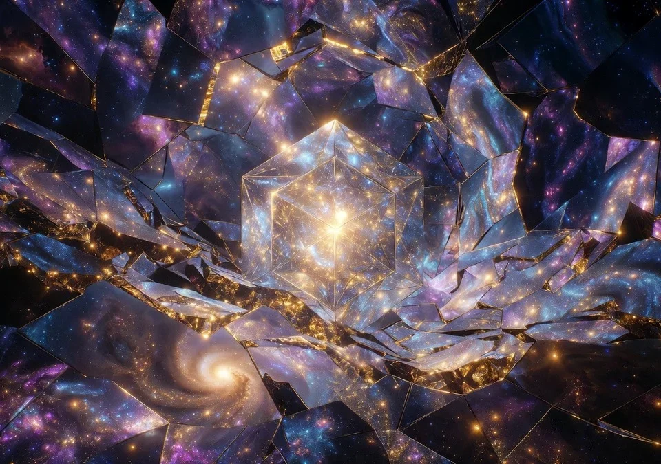 Cosmological Pangaea: Zero-entropy 24-cell geometric object gently fracturing through geometry and entropy into swirling galaxies and cosmic structures, symbolizing the universe as an act of remembering