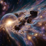 Arrow of Time origin: A perfect symmetric primordial sphere gently fracturing, with Weyl curvature growing as it transforms into swirling galaxies and cosmic structures, visualizing the geometric birth of time’s forward arrow through symmetry breaking