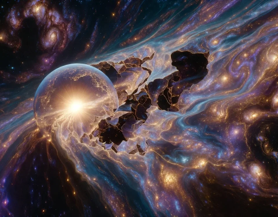 Arrow of Time origin: A perfect symmetric primordial sphere gently fracturing, with Weyl curvature growing as it transforms into swirling galaxies and cosmic structures, visualizing the geometric birth of time’s forward arrow through symmetry breaking