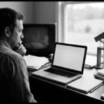 A man of Generation X researching on a computer in a cluttered home office.