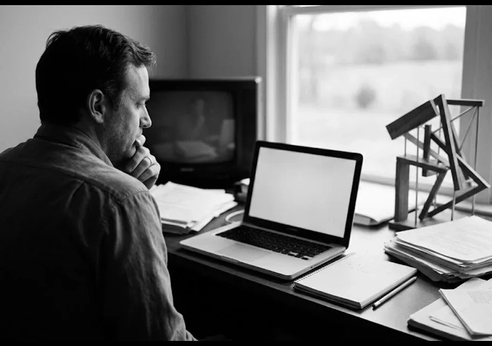 A man of Generation X researching on a computer in a cluttered home office.