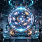 Advanced scientists in a futuristic orbital laboratory monitoring a containment sphere where a newly formed autonomous daughter universe with glowing galaxies expands.