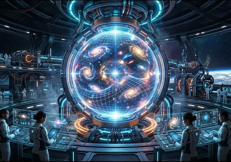 Advanced scientists in a futuristic orbital laboratory monitoring a containment sphere where a newly formed autonomous daughter universe with glowing galaxies expands.