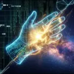A glowing digital wireframe hand and circuit glove dissolving into radiant golden cosmic light against a backdrop split between matrix code and deep space nebula.