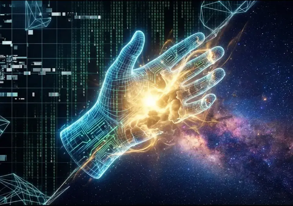 A glowing digital wireframe hand and circuit glove dissolving into radiant golden cosmic light against a backdrop split between matrix code and deep space nebula.