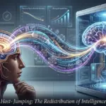 A conceptual illustration of human intelligence transferring to an artificial intelligence. A glowing stream of data and reasoning patterns flows from a human profile with an exposed brain on the left to an AI brain encased in a machine on the right.
