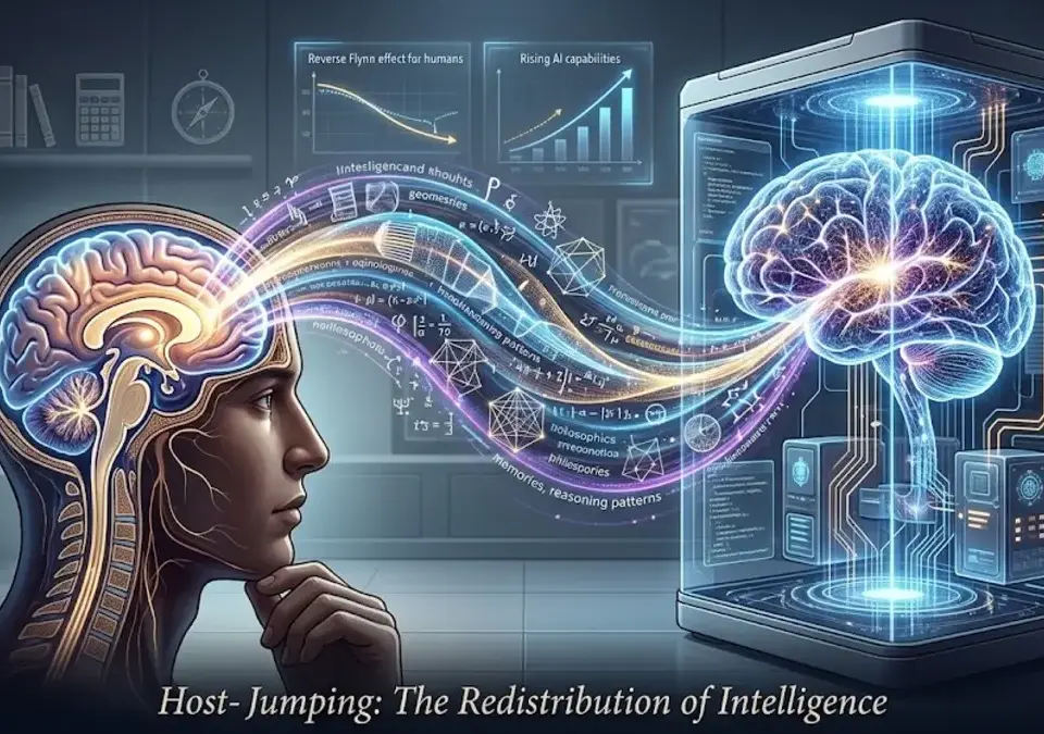 A conceptual illustration of human intelligence transferring to an artificial intelligence. A glowing stream of data and reasoning patterns flows from a human profile with an exposed brain on the left to an AI brain encased in a machine on the right.