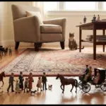 Detailed miniature people, horse-drawn carriages, and small animals walking across the hardwood floor and rug of a normal-sized living room, illustrating Lilliputian hallucinations.