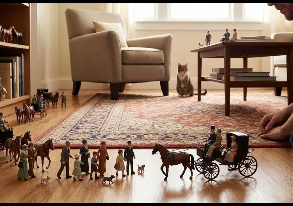 Detailed miniature people, horse-drawn carriages, and small animals walking across the hardwood floor and rug of a normal-sized living room, illustrating Lilliputian hallucinations.