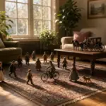 Photorealistic living room with tiny Lilliputian people walking across a patterned rug; a miniature man rides a bicycle, a woman walks a tiny dog, and a horse-drawn carriage sits on the coffee table while the furniture remains full human scale.