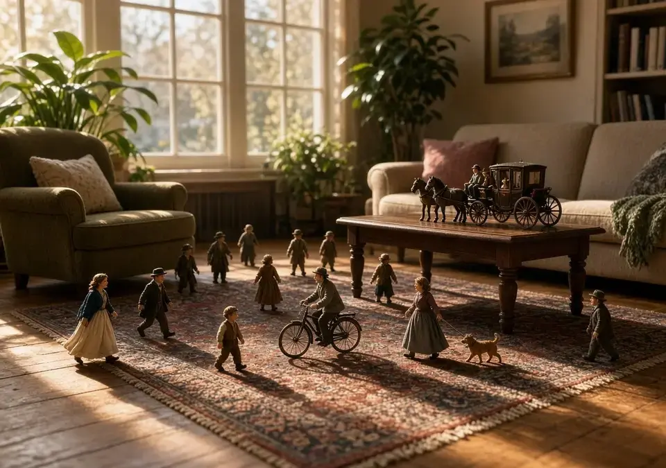 Photorealistic living room with tiny Lilliputian people walking across a patterned rug; a miniature man rides a bicycle, a woman walks a tiny dog, and a horse-drawn carriage sits on the coffee table while the furniture remains full human scale.