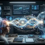 A conceptual digital illustration showing a glowing human brain on the left connected by swirling light particles to a complex, futuristic AI neural network node on the right, visualizing the process of host-jumping consciousness from a biological to an artificial substrate.