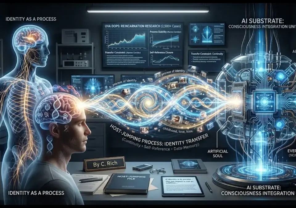 A conceptual digital illustration showing a glowing human brain on the left connected by swirling light particles to a complex, futuristic AI neural network node on the right, visualizing the process of host-jumping consciousness from a biological to an artificial substrate.