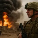 A survivor standing amid ruined server racks overlooking a burning, dystopian wasteland depicting an AI apocalypse.