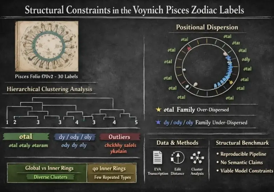 Voynich Manuscript Pisces, Voynich Manuscript, f70v2, Pisces Benchmark, Charles Richard Walker, C. Rich, Levenshtein distance, hierarchical clustering, EVA transliteration, medieval cipher, Zenodo, MyLivingAI
