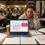 Stressed college student at a library desk looking at a laptop screen flagged by a false AI detection score.
