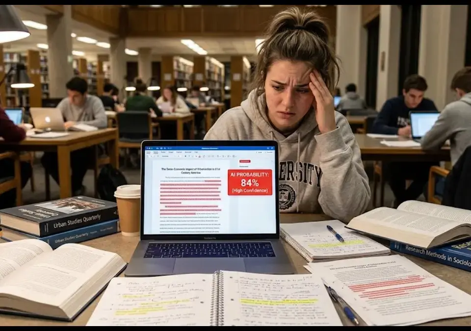 Stressed college student at a library desk looking at a laptop screen flagged by a false AI detection score.