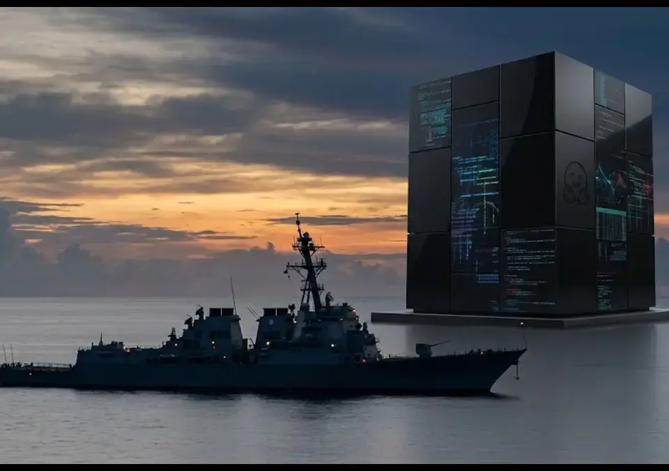 A US Navy destroyer sailing past a massive, ominous server monolith glowing with code in the ocean at sunset, symbolizing tech narrative manipulation