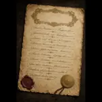 Aged parchment charter on dark wood with ornate empty header, unreadable script in ten article lines, red wax seal and gold medallion.