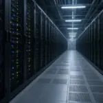 Rows of black server racks in a modern data center aisle with blinking status lights and raised floor tiles