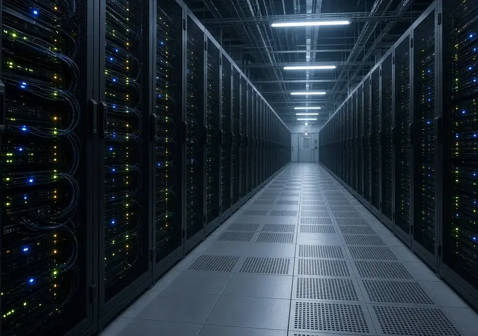 Rows of black server racks in a modern data center aisle with blinking status lights and raised floor tiles