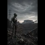 A lone humanoid robot stands at the edge of an open-pit mine under a dark sky, with silent factories, conveyors, and power lines behind it, showing machines that still cannot run civilization alone.