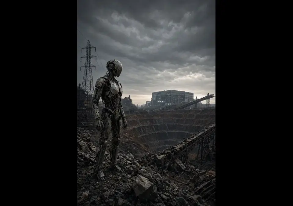 A lone humanoid robot stands at the edge of an open-pit mine under a dark sky, with silent factories, conveyors, and power lines behind it, showing machines that still cannot run civilization alone.