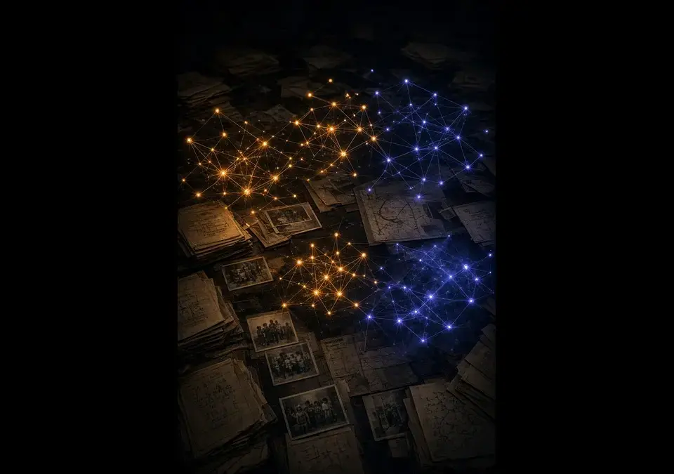 Old case files and faded photographs of children on a dark table, overlaid with separate gold and blue network clusters instead of one single pattern.
