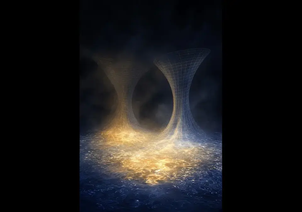 Two slightly misaligned glowing spacetime grids rising from a single luminous superfluid, representing two sound speeds that do not share one geometry.