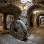 Mirrored recreation of a carved volcanic tuff passageway in Derinkuyu Underground City, featuring a large rolling stone defense door.