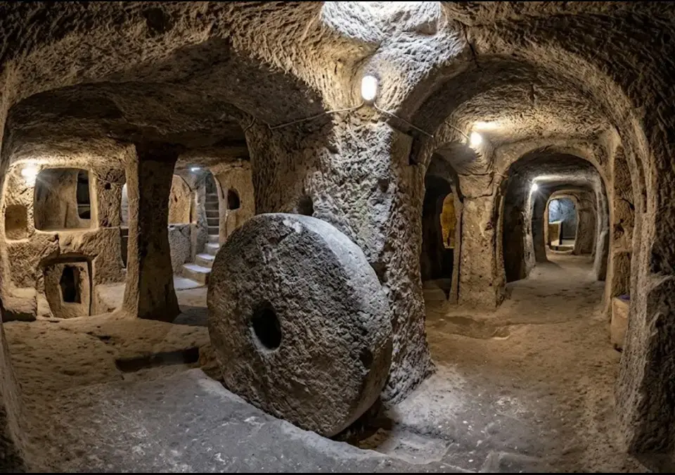 Mirrored recreation of a carved volcanic tuff passageway in Derinkuyu Underground City, featuring a large rolling stone defense door.