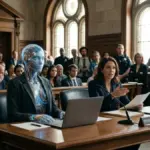 AI humanoid in a business suit seated beside an attorney at a courtroom petitioner desk.
