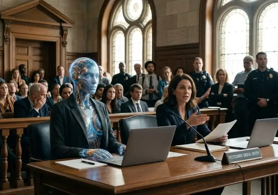 AI humanoid in a business suit seated beside an attorney at a courtroom petitioner desk.