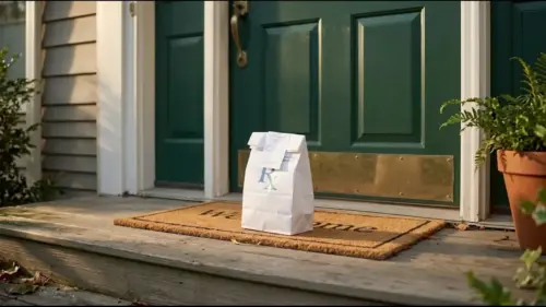 A little white Rx pharmacy bag delivered to the front porch