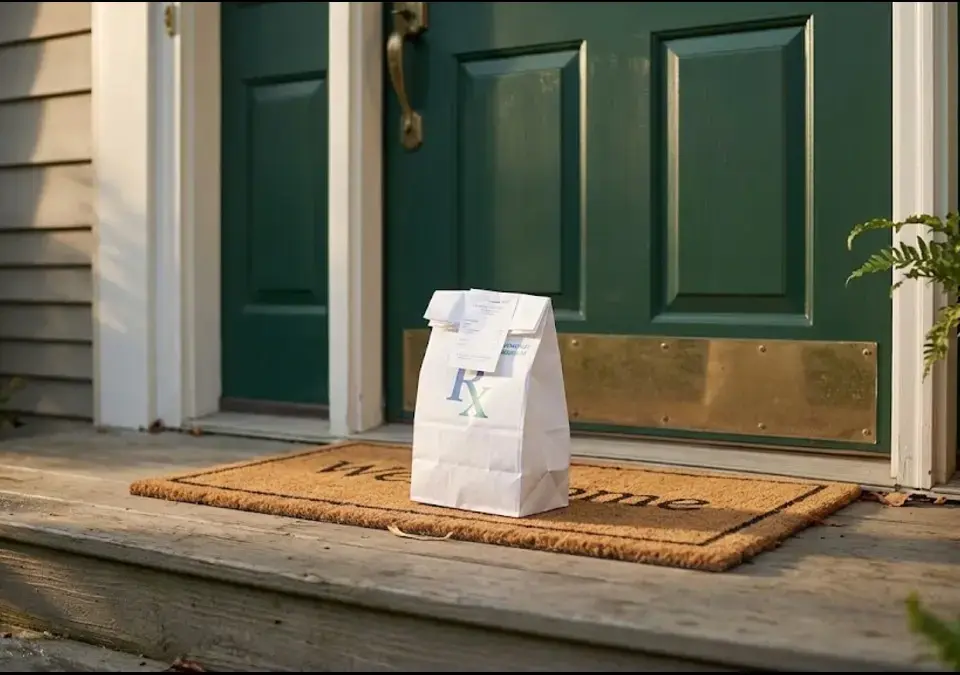 A little white Rx pharmacy bag delivered to the front porch